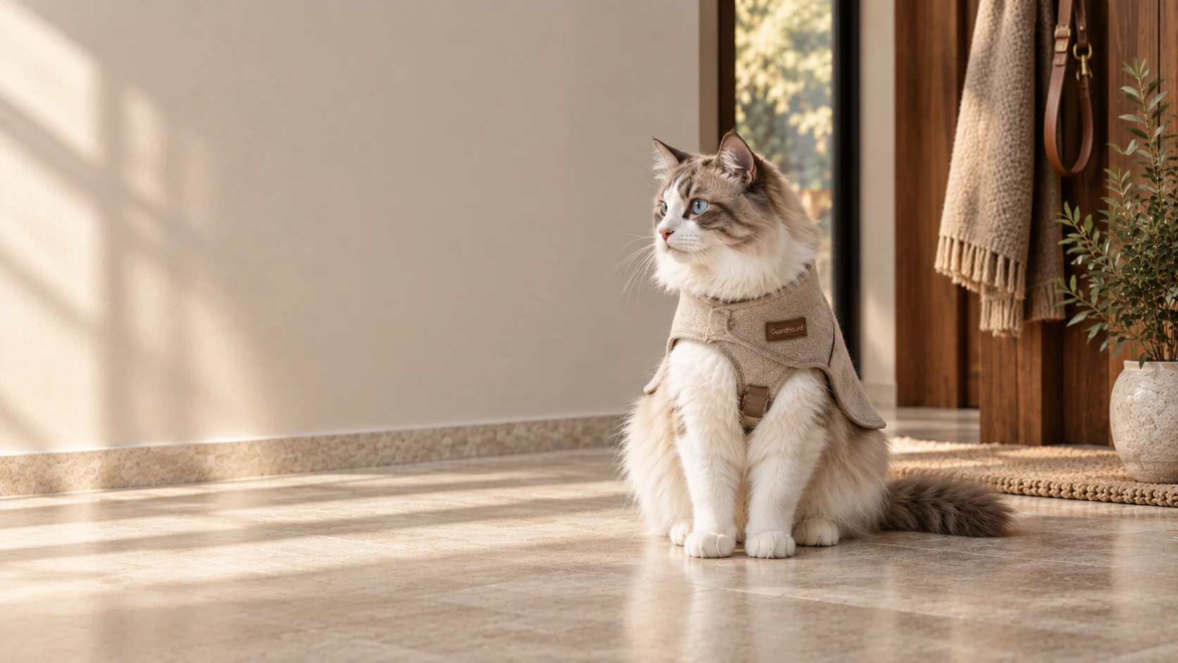 軽やかな玄関クローク、猫が自然に座り、身体に合った柔らかなオートミール色のアウターを着る