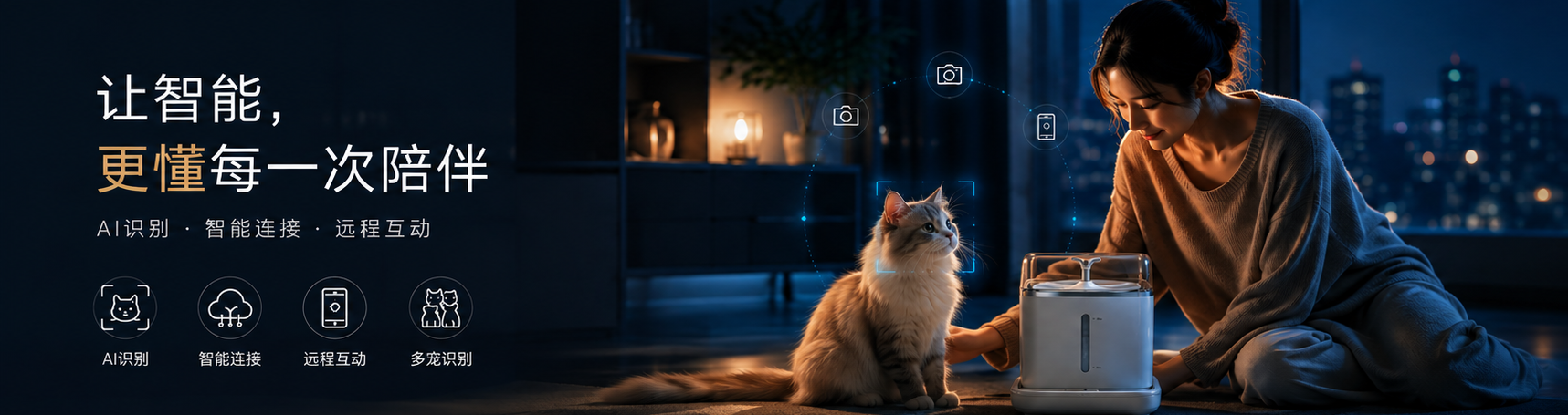 スマートを、一つひとつの寄り添いへ · AI 識別 · スマート接続 · 遠隔インタラクション · 多頭識別