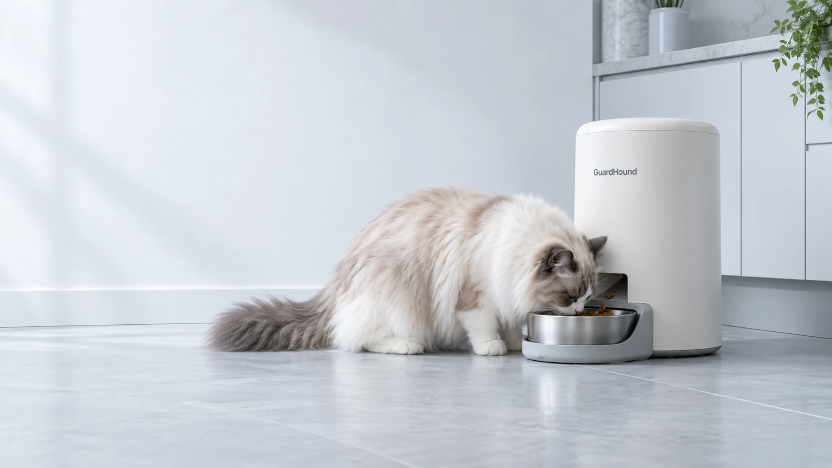 クールホワイトの食事スペースで、スマート給餌器が時間どおりにフードを出し、猫が静かに食べる日中の一瞬