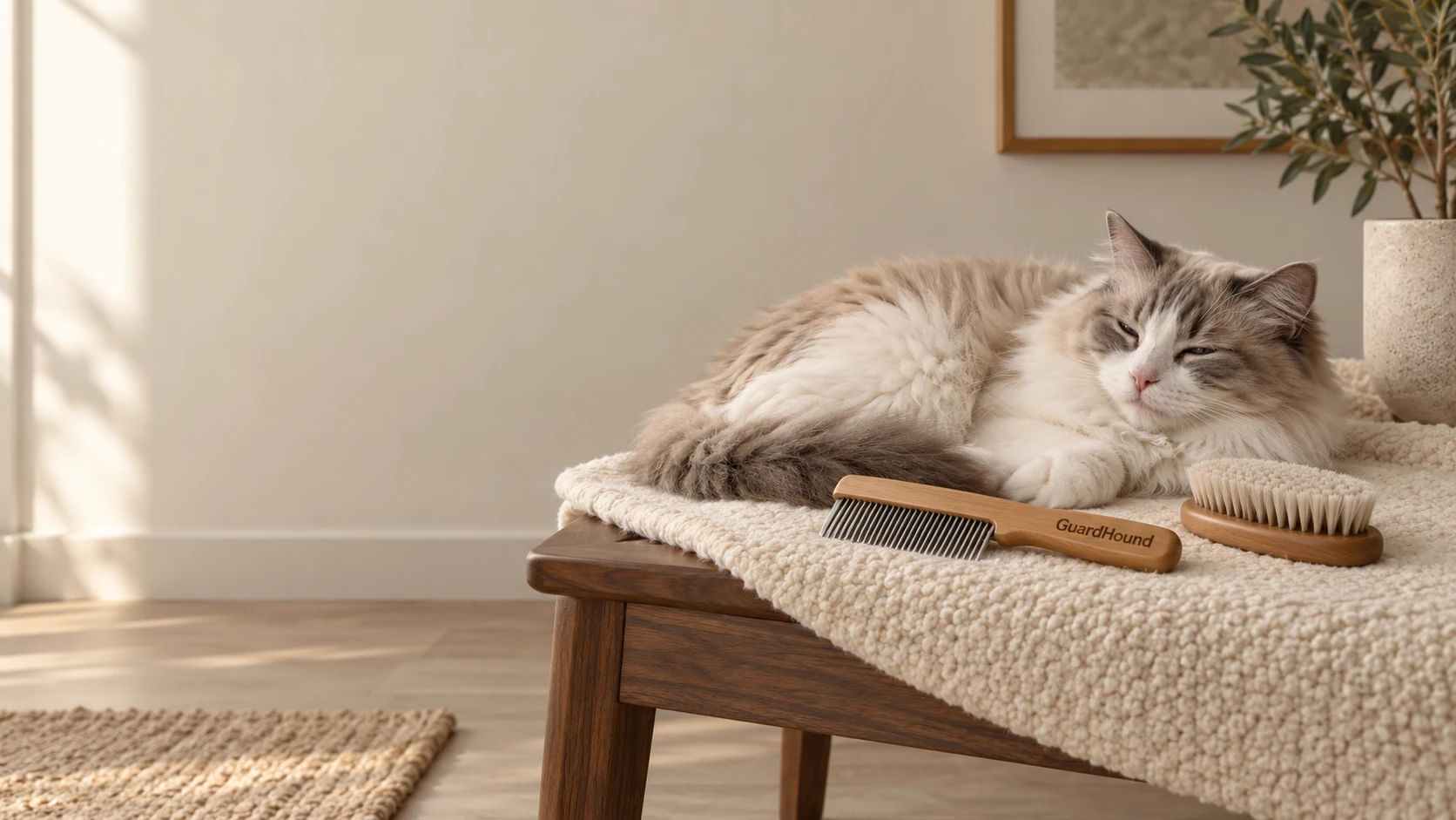 柔らかな窓の光の下、猫が織物マットの上でくつろぎ、木柄のブラシがそばに静かに置かれている