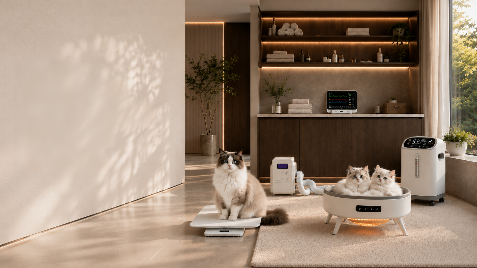 モダン住宅の健康ケアエリア · ラグドールと動物用心電モニター、5Lペット専用酸素濃縮器、スマートノミ取り器、目盛り付きプロ用ペット体重計、スマート恒温ペットヒーター