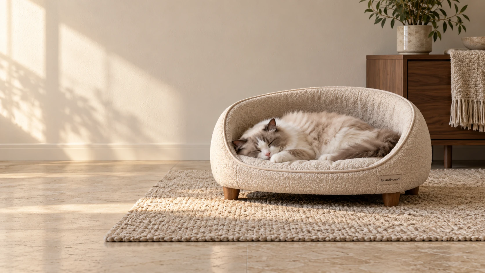 午後の暖かな光の中、長毛の猫が低い半囲いのオートミール色キャットハウスで眠る