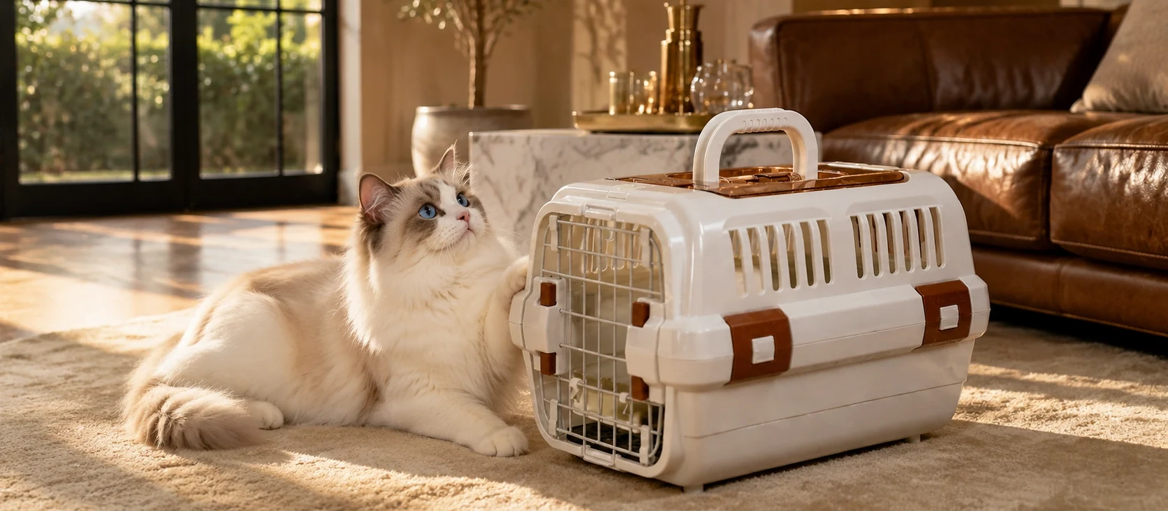 暖かなリビングで、猫と上質なハードキャリアが静かに共存 · 出発前のゆったりしたひととき