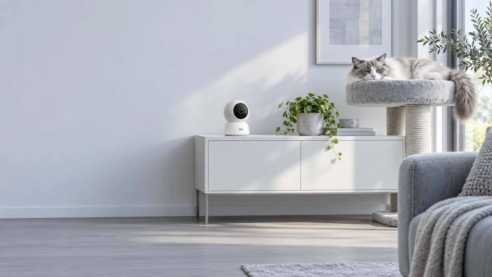 午後のリビング、猫がタワーの高い場所で安らかに眠り、遠くの丸いカメラが静かに見守る