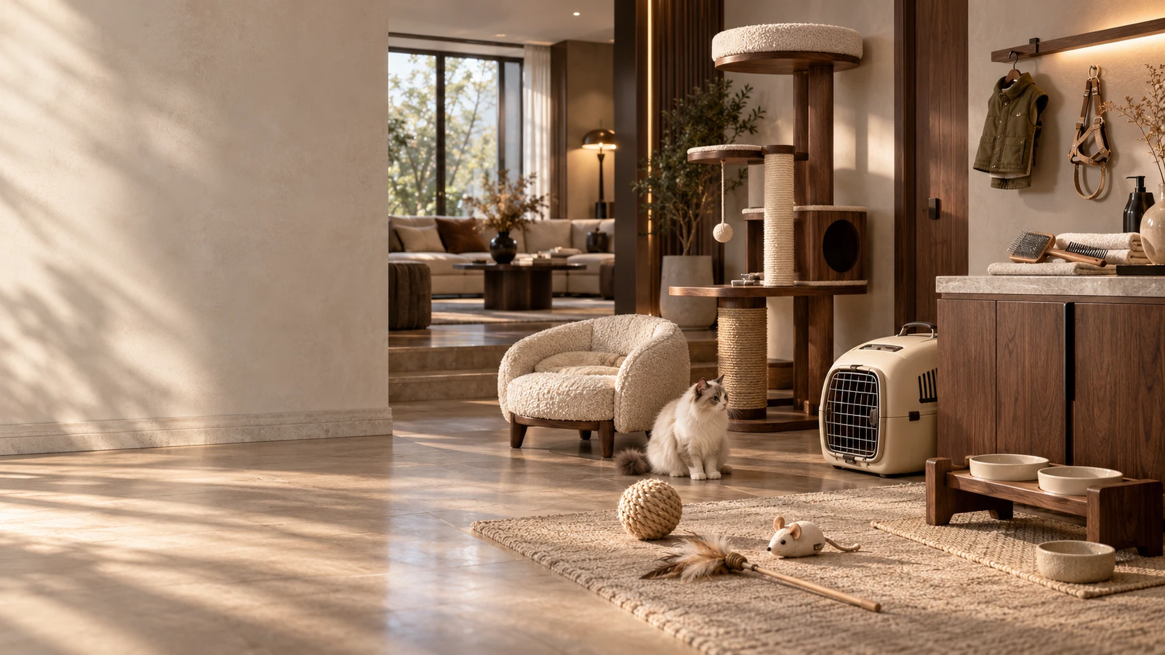 モダンラグジュアリー住宅に PET ESSENTIALS 七大用品ファミリーが自然に分布: 布製キャットハウス、ウォールナットのキャット家具、ハードキャリア、天然素材のおもちゃ、ケア用梳き具、セラミックボウルの木製スタンド、ペットウェアとハーネス
