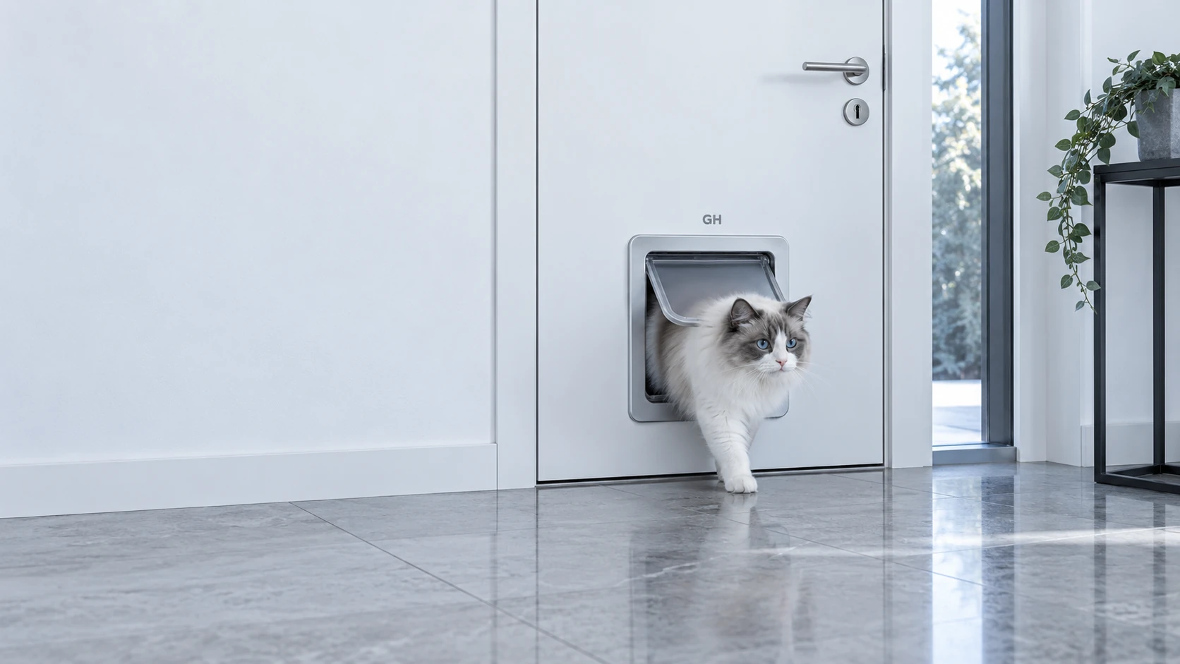 クールトーンの玄関ホールで、猫が壁に埋め込まれたスマートペットドアを自然に通り抜ける