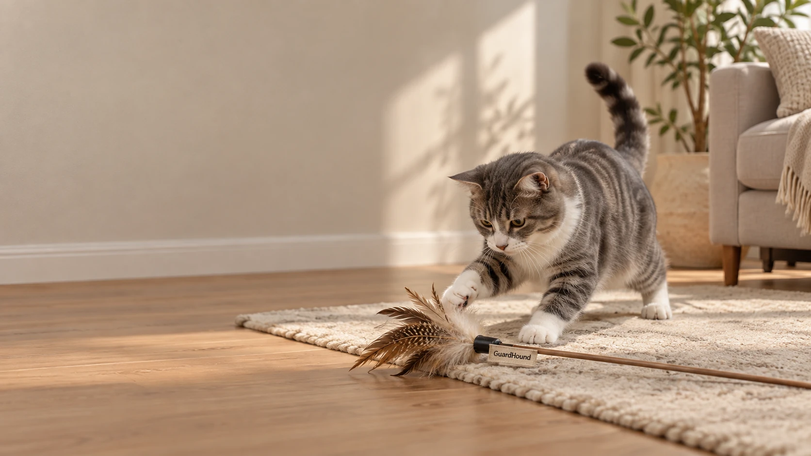 午後のリビング、猫が羽根の猫じゃらしに飛びつく、遊びの楽しいひととき