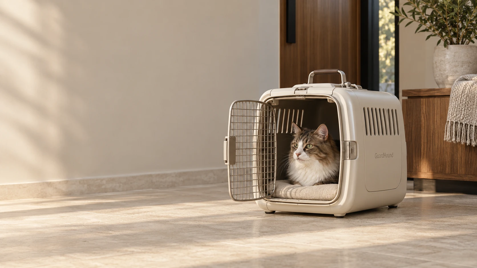 午後の玄関、猫がミルクホワイトのハードキャリアの中に静かに伏す、出発前の穏やかなひととき