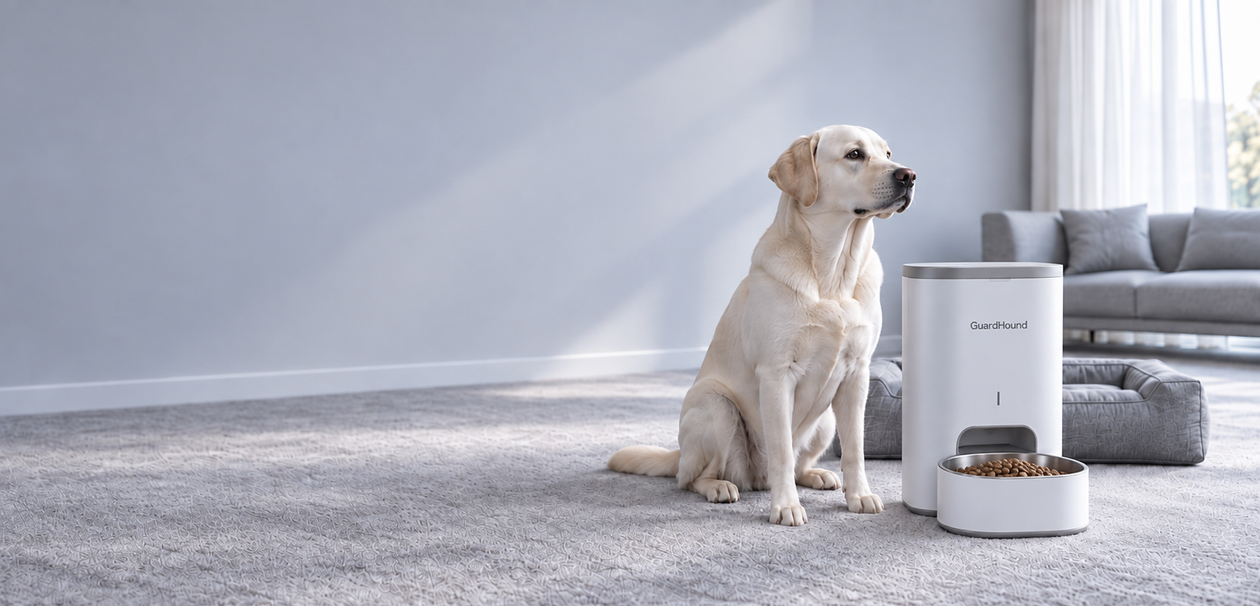 現代住宅で、スマート犬用製品と日常犬用品、そして静かにくつろぐ一匹の犬