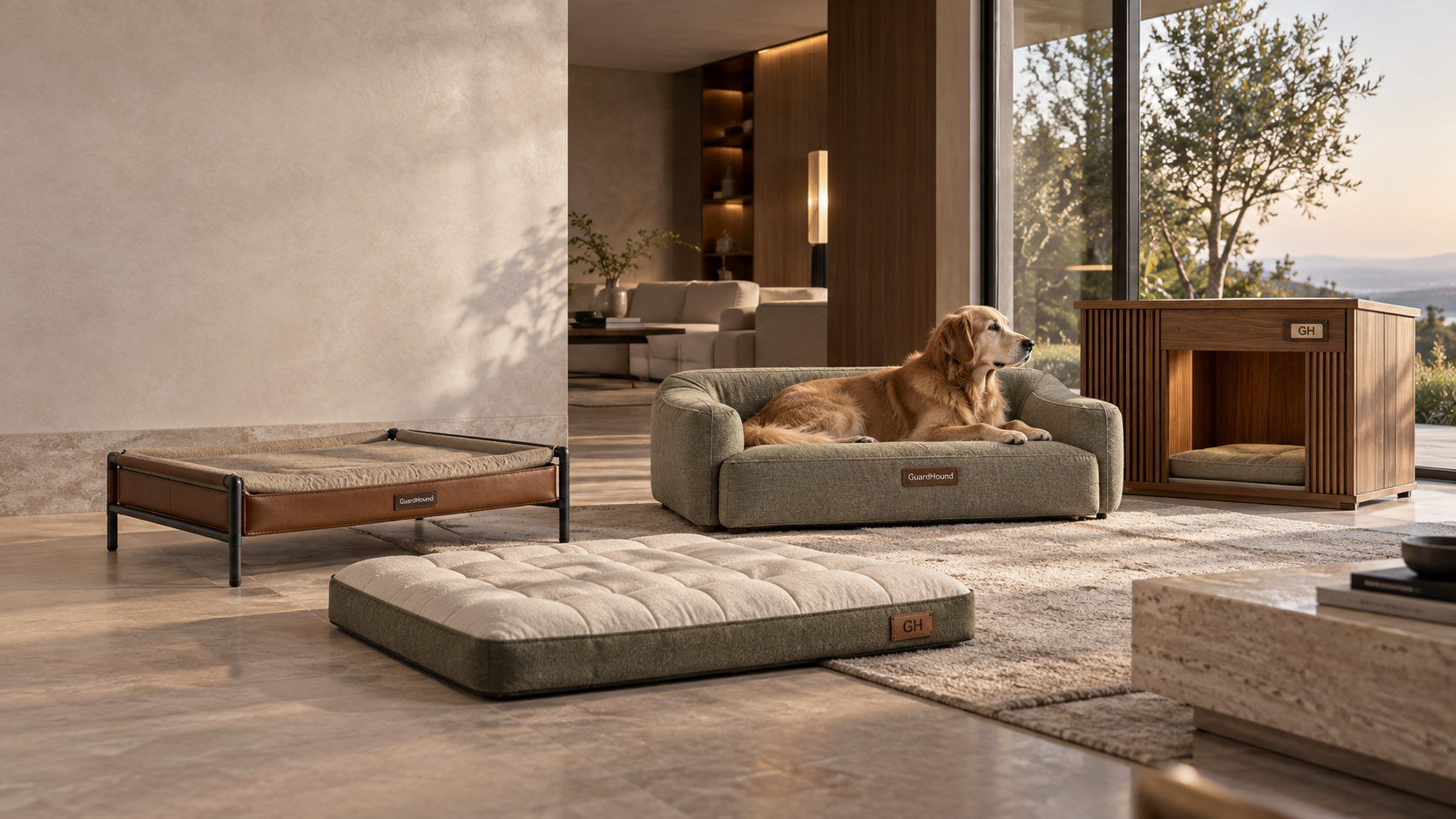 GuardHound 休憩・ホームの製品ファミリー · 現代ラグジュアリー住宅のリビング：金属フレームの犬用ベッド、独立型低反発マット、犬用ソファベッド（ゴールデンが休息中）、木製犬小屋