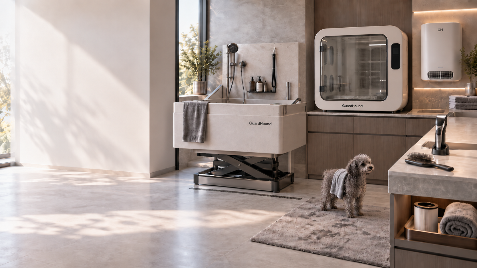 GuardHound スマート犬用クリーニング・ケアシステム · 住宅の洗浄シーン：スマート洗浄台とバスタブ、スマートドライヤーボックス、壁掛け式空気清浄機、被毛のトリミング・ブラッシングツール、クリーニング・ケアアクセサリー