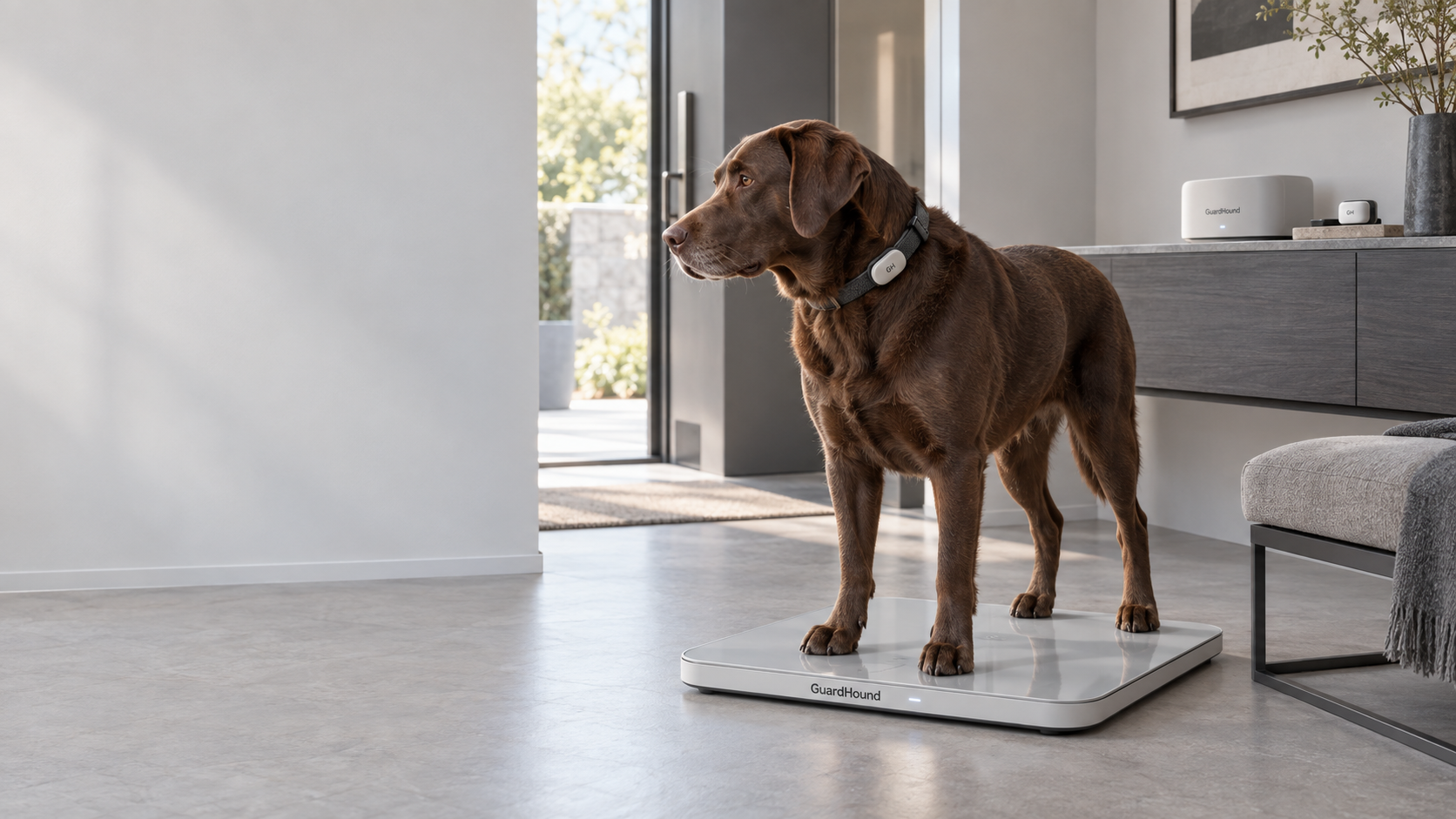 GuardHound スマート犬用健康・活動量のシーン：現代的な住宅の玄関で、チョコレート色のラブラドール犬が GuardHound のロゴが入ったスマート体重計に自然に乗り、首元には GH 活動トラッキングモジュールを装着。サイドキャビネットには GuardHound 家庭用 Health Dock と GH ウェアラブル同期モジュールが置かれ、日々の体重と活動データが家庭の中で継続的に同期される