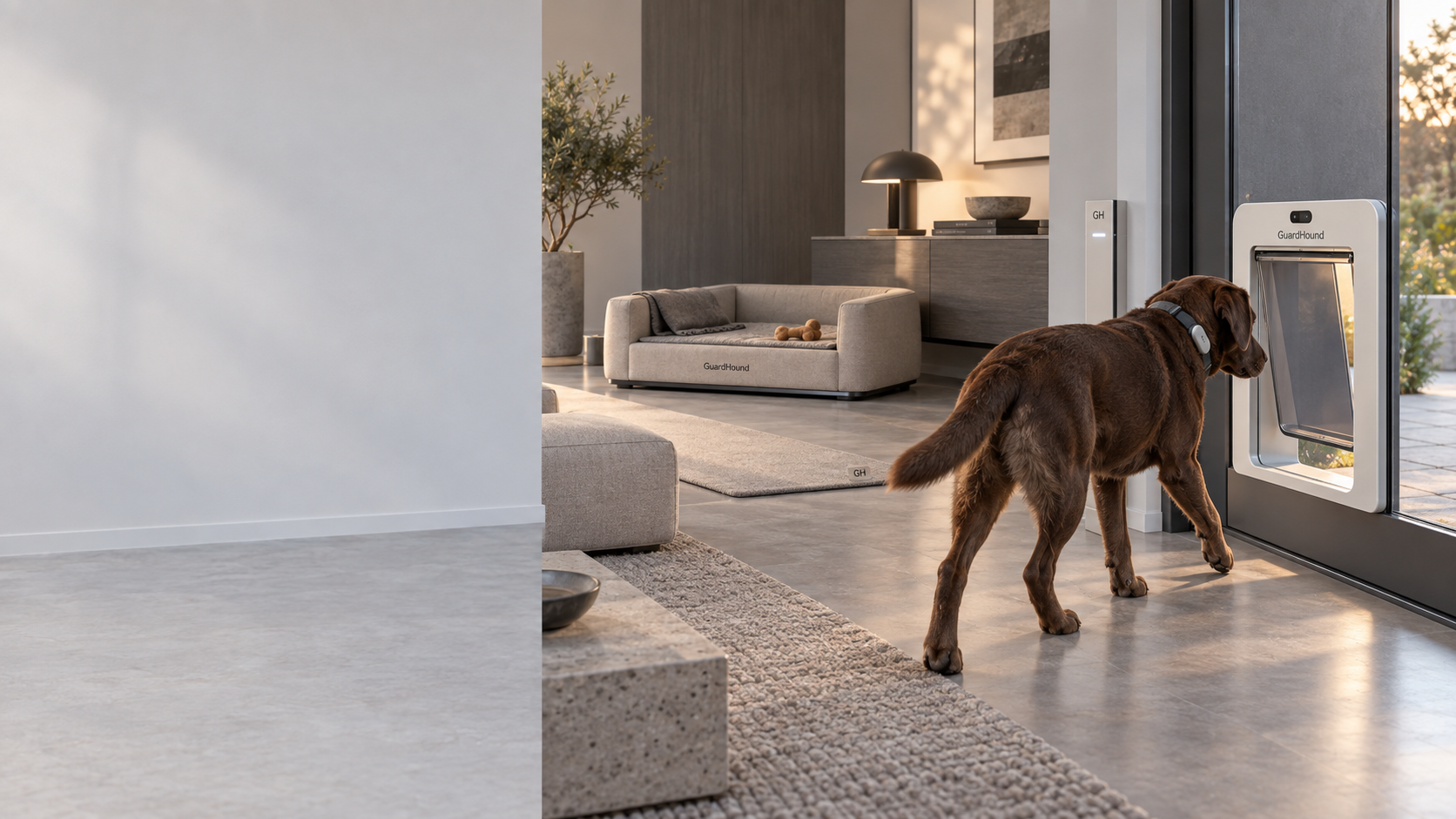GuardHound スマートリビング・入退室のシーン · モダンラグジュアリーな住宅：犬が快適な居住エリアを通ってスマートペットドアへ向かう。恒温・スマート犬用ベッド、快適マット、室内ゾーニング入退室権限デバイスが同じフレームに収まる
