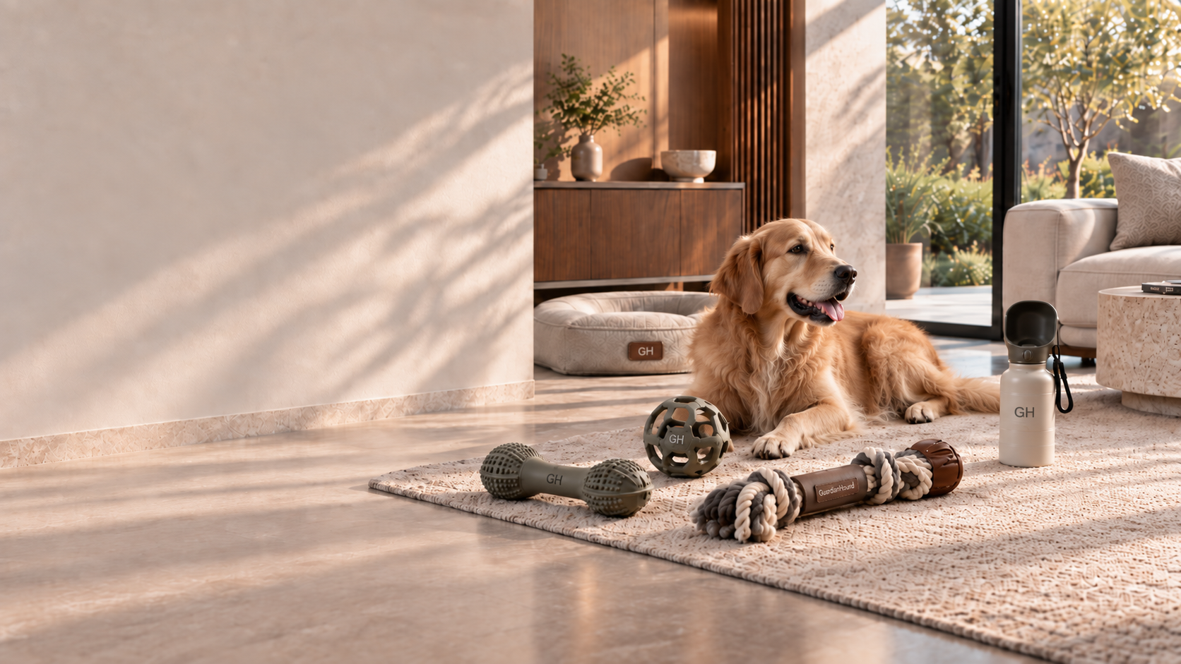 現代ラグジュアリー住宅のリビングの床に陳列した犬用おもちゃファミリー：オリーブグリーンの耐咬デンタルボーン、ラバーの穴あきデンタルボール、綿ロープの引っ張りノット（ブラウンレザーのグリップに GuardHound を型押し）、編み込み嗅覚マット。右側にはゴールデン・レトリバーが静かに伏せて寄り添い、左側は greige の壁と自然な光と影の余白